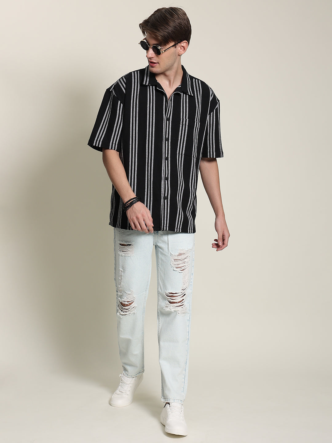 Men Black/White Oversized Textured Stripes Shirt