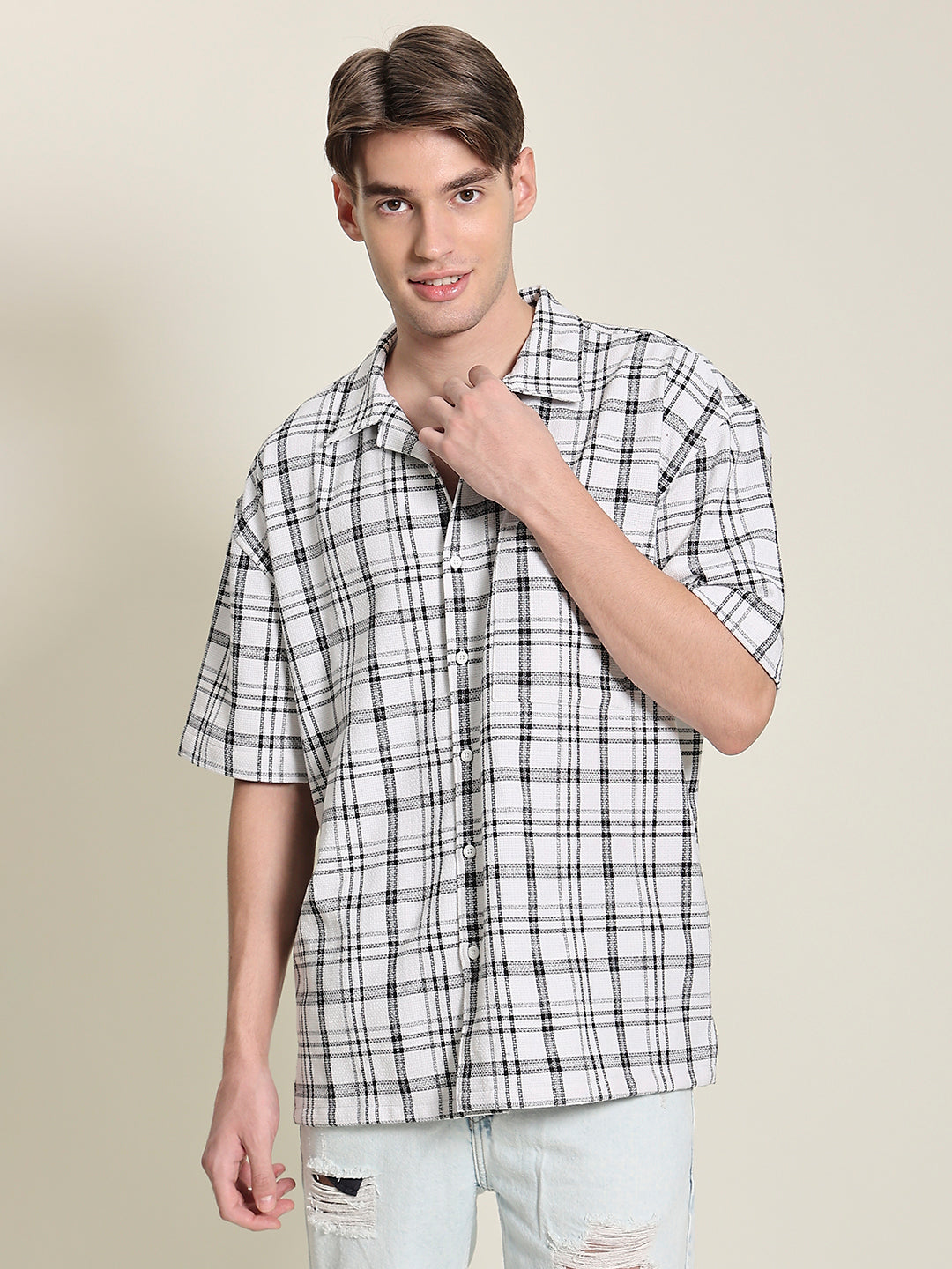 Men White/Black Oversized Textured Checks Shirt