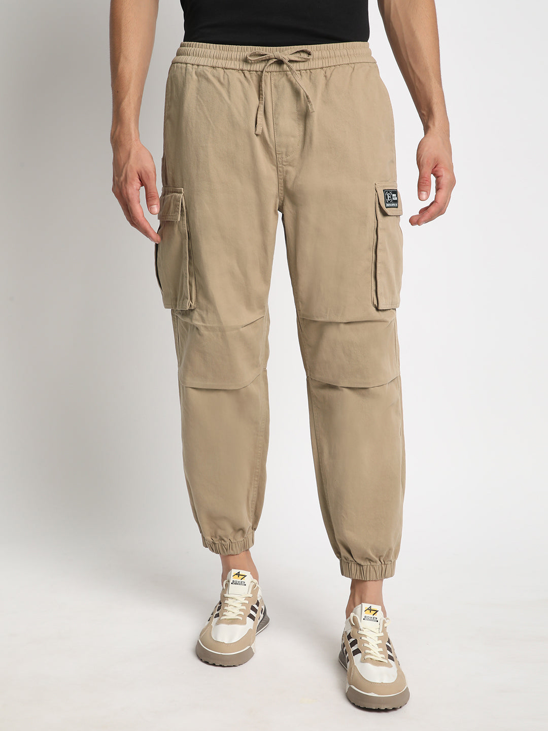 Men Ivory Beige Relaxed Fit Solid Cargo Jogger