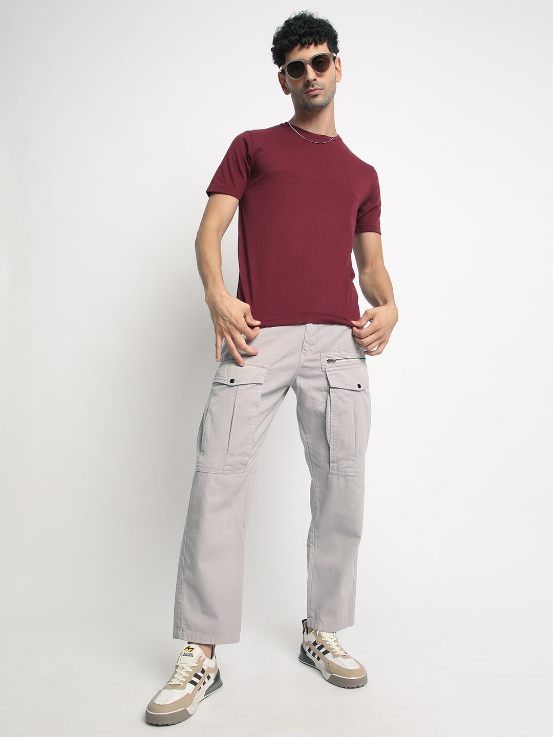 Men Silver Grey Relaxed Fit Solid Cargo Trouser