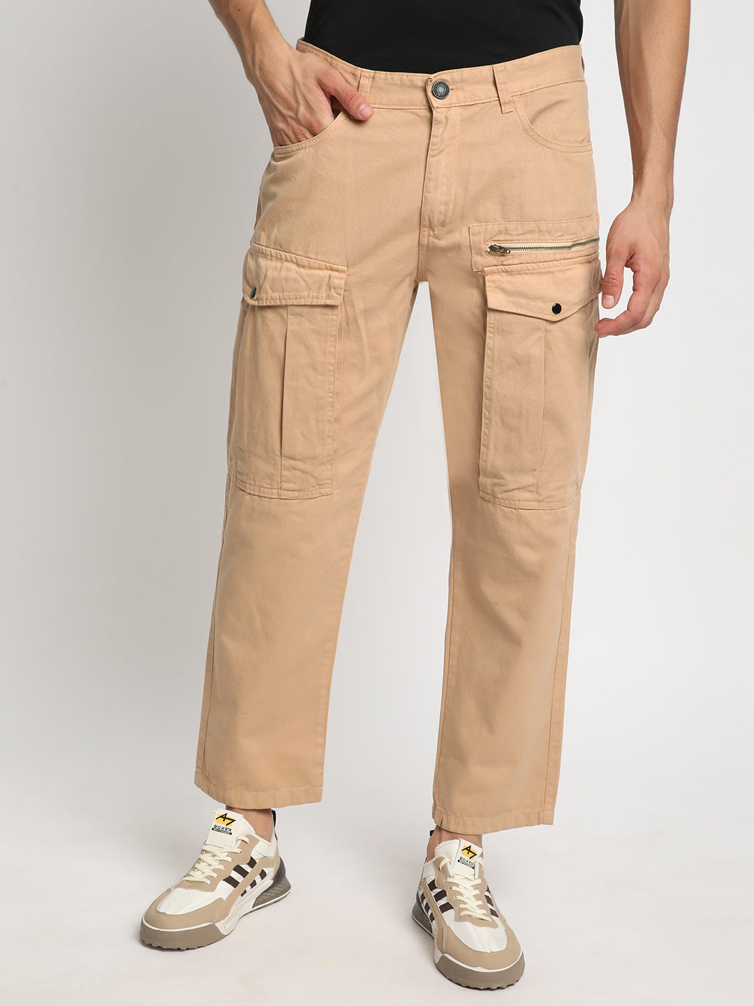 Men Birch Beige Relaxed Fit Solid Cargo Trouser