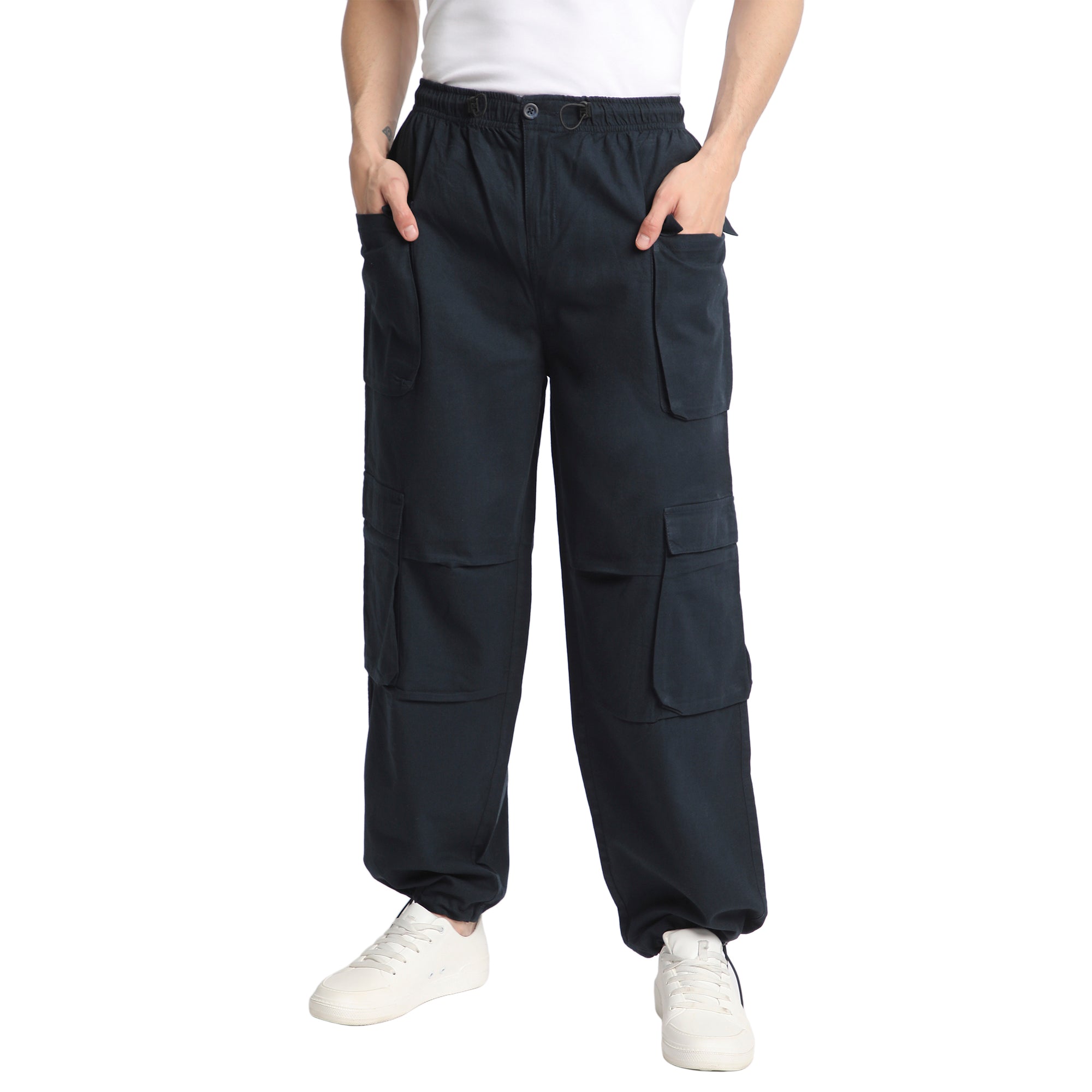 Men Navy Blue Coloured 100% Cotton  Parachute Fit Cargo Trousers