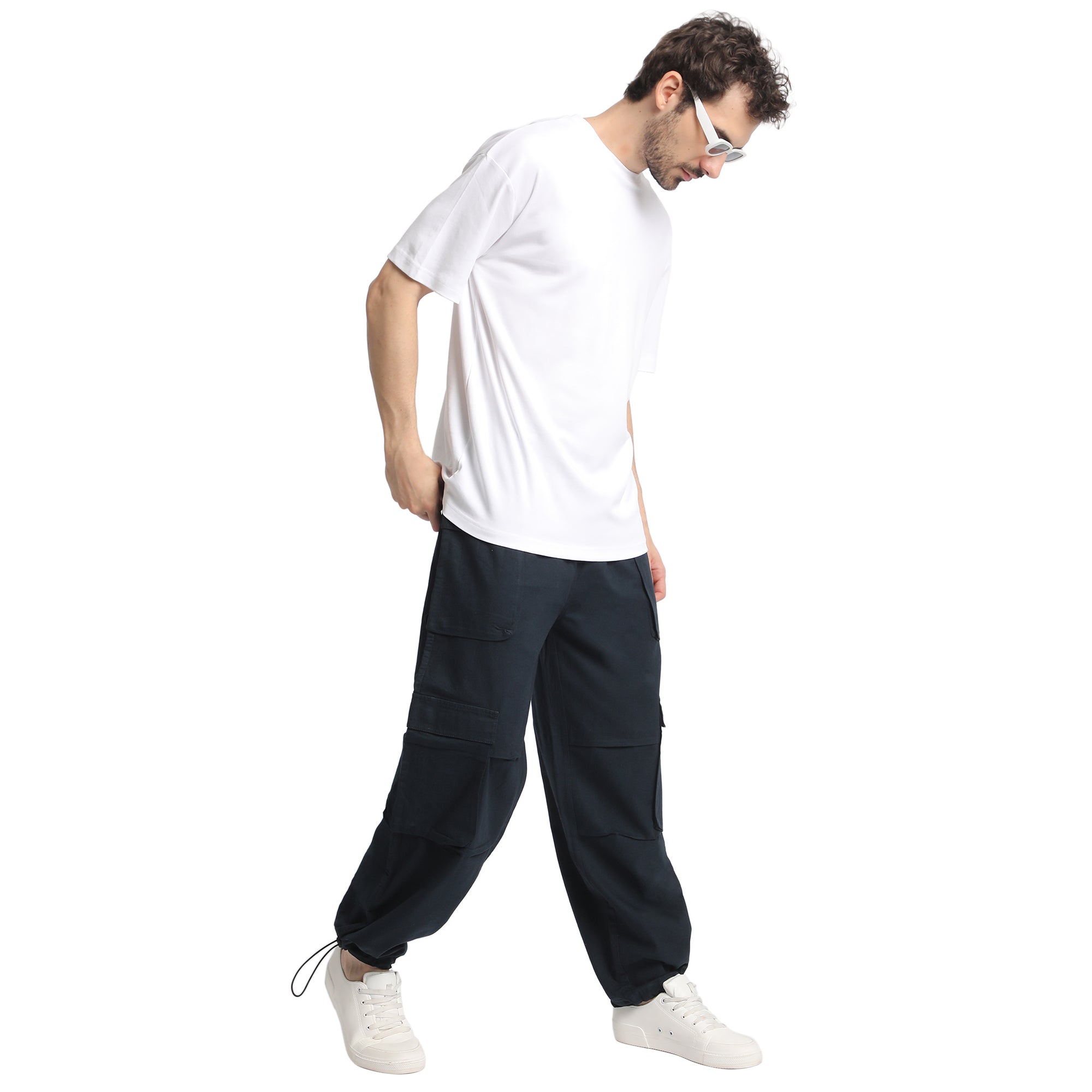 Men-Navy Blue-Coloured-100% Cotton -Parachute-Fit-Cargo-Trousers