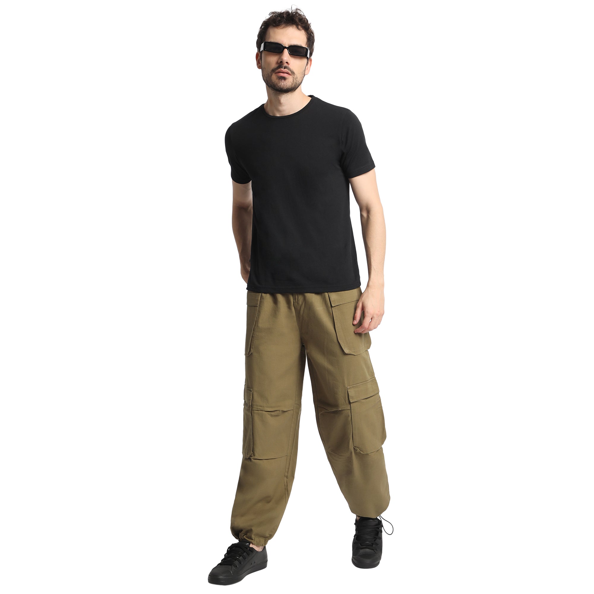 Men Olive Coloured 100% Cotton  Parachute Fit Cargo Trousers