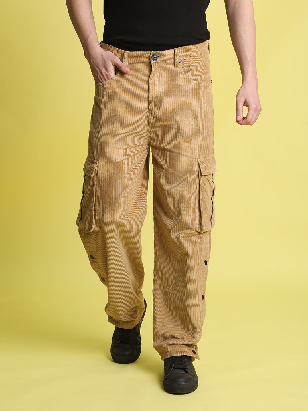 Men Beige Corduroy Cargo Trousers