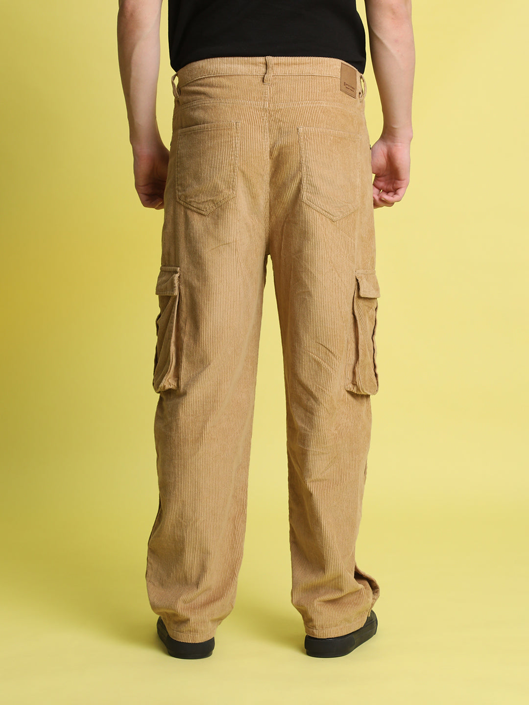 Men Beige Corduroy Cargo Trousers