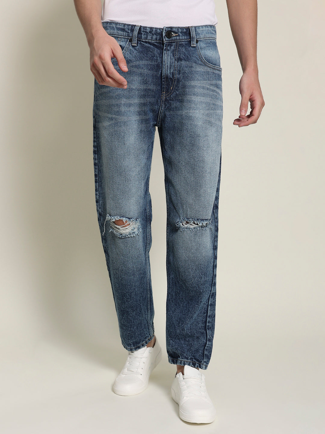 Men Midblue Relaxed Fit Solid Distressed Jeans