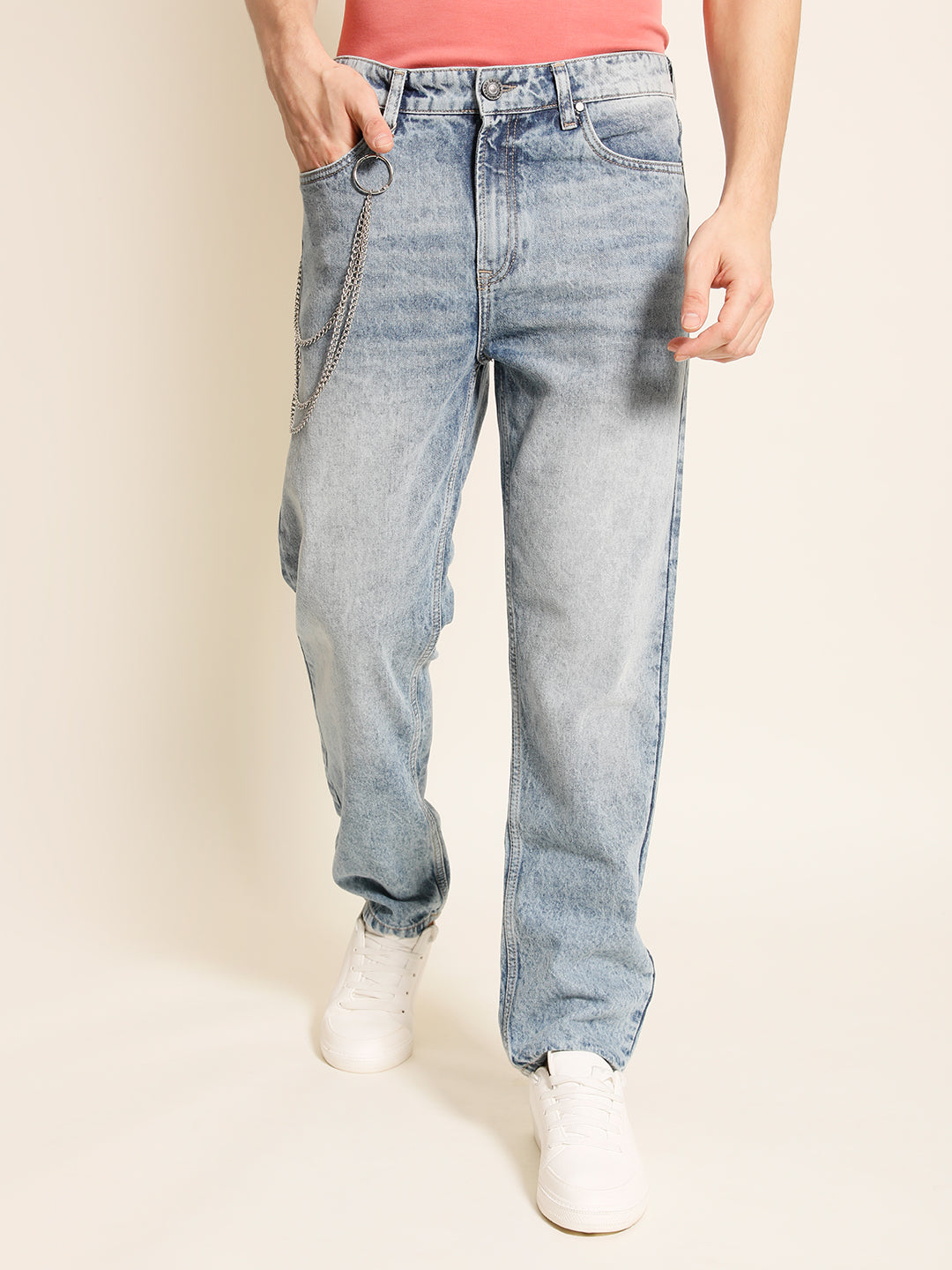 Men Blue Relaxed Fit Solid Jeans With 3 Layer Chain