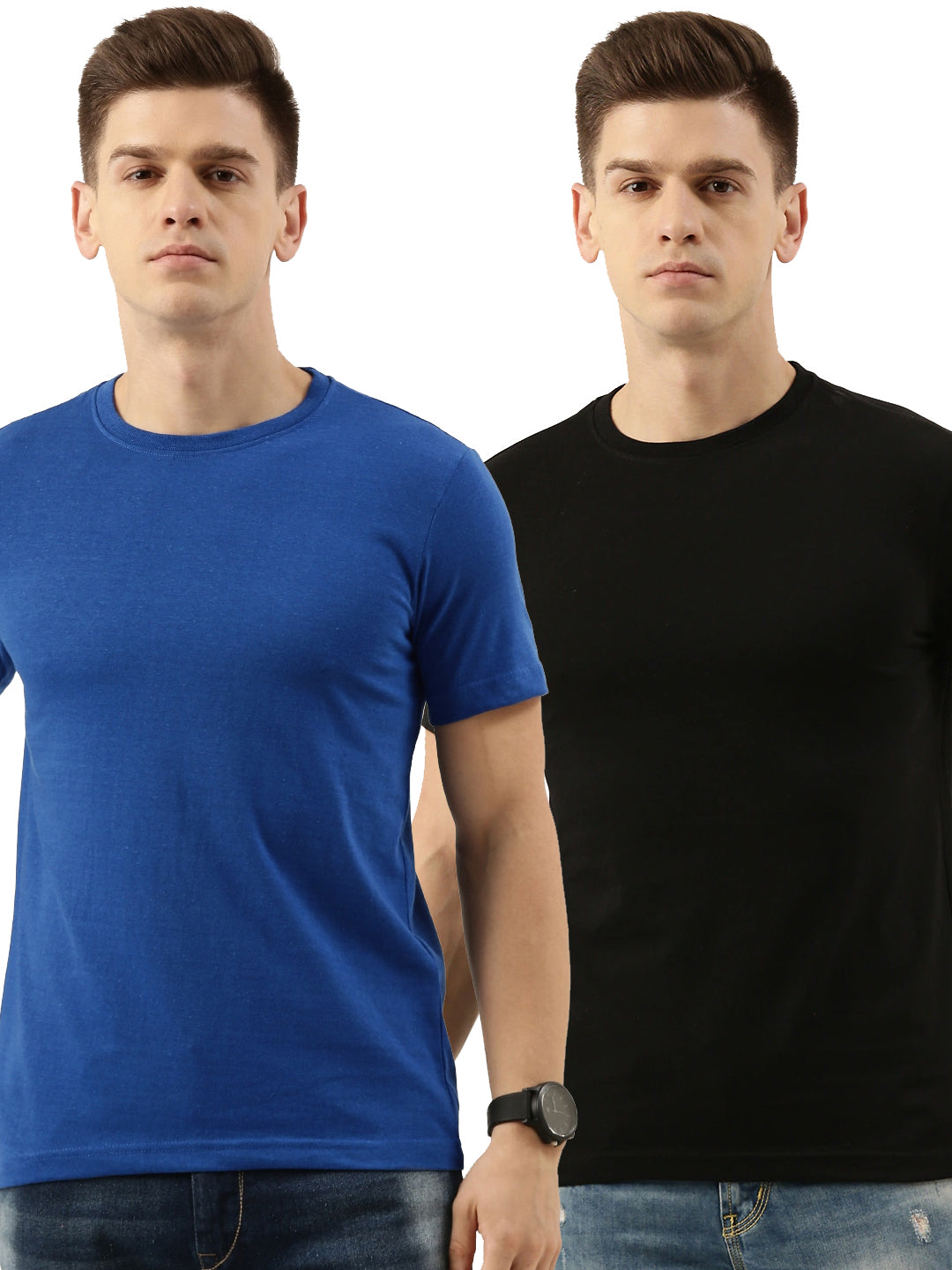 Men Royal Blue/Black Regular Fit Solid T Shirt (PO2)