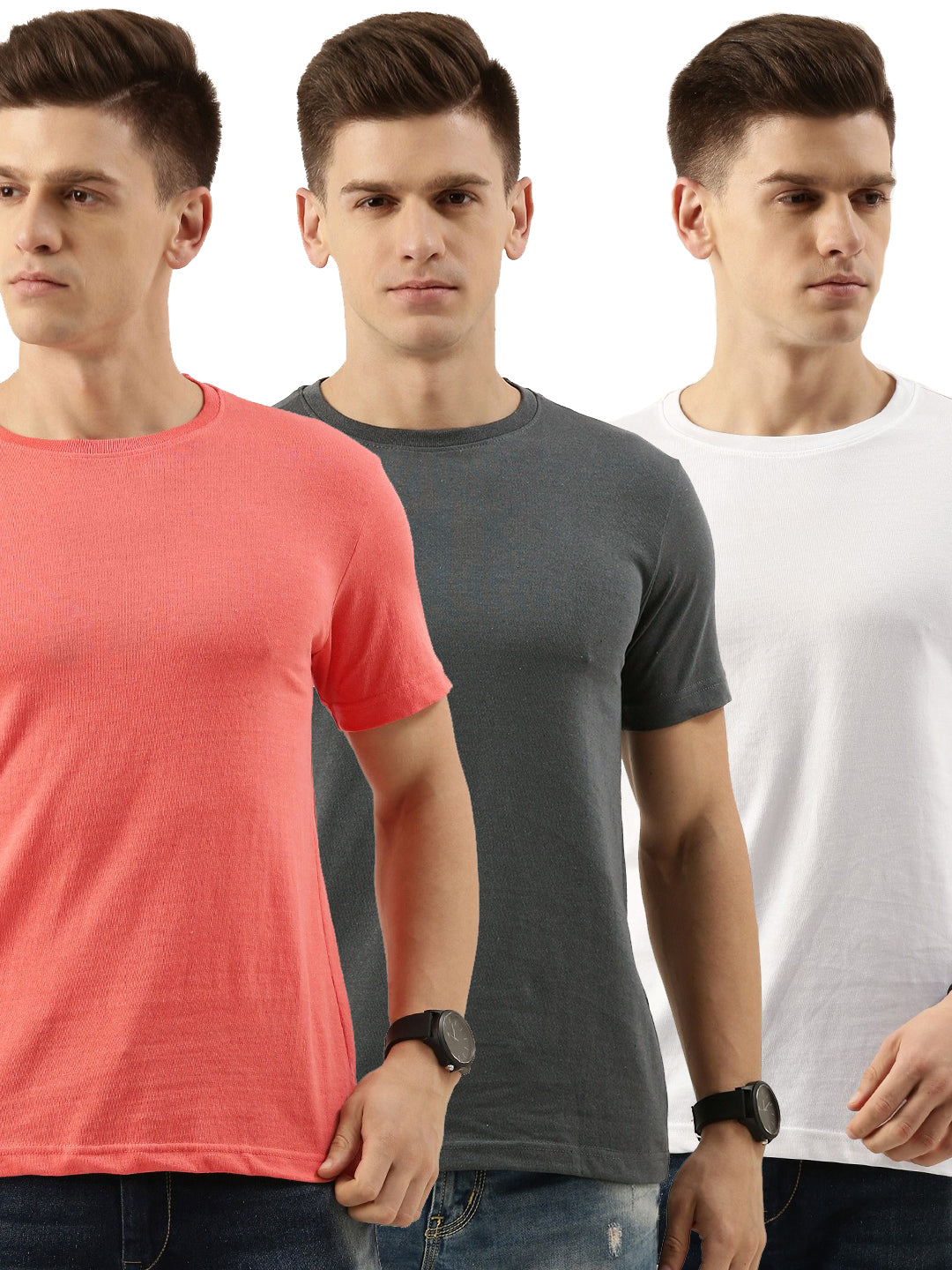 Men Pink/White/Dark Grey Regular Fit Solid T-Shirt (PO3)