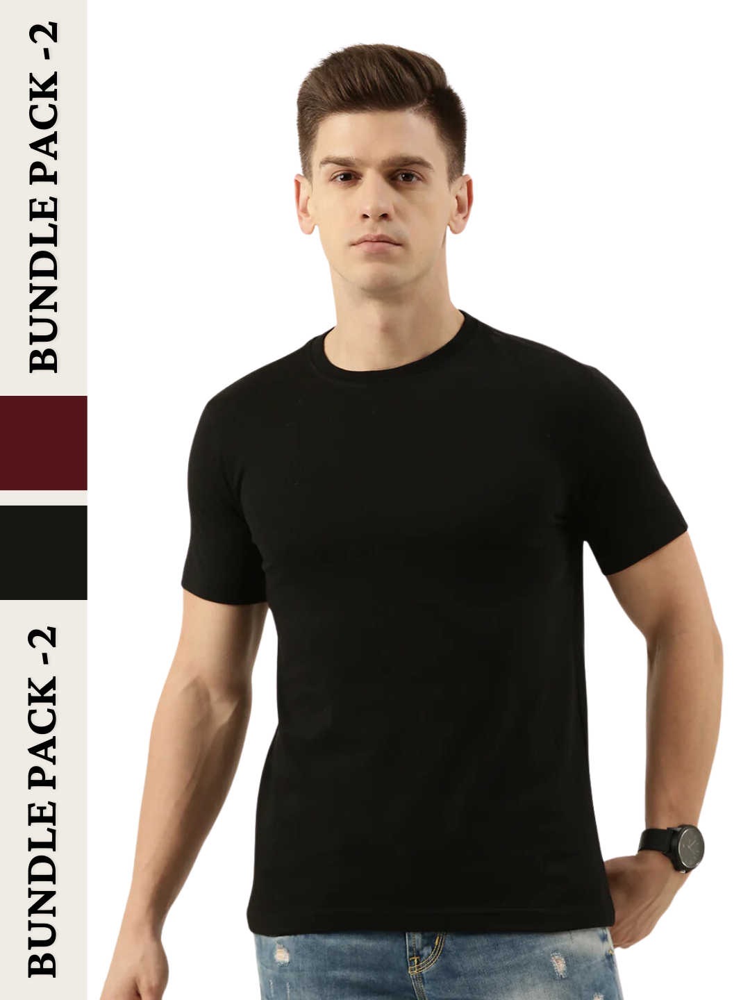 Men Maroon/Black Regular Fit Solid Sustainable T-Shirt Pack Of 2