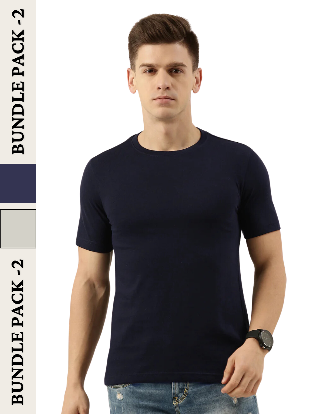 Men Lightgrey/Navy Regular Fit Solid Sustainable T-Shirt Pack Of 2