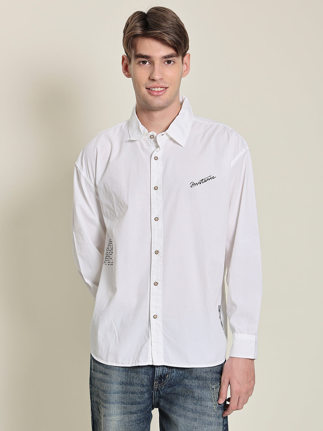 Gender Fluid White Assistance Ovesized Solid Shirt