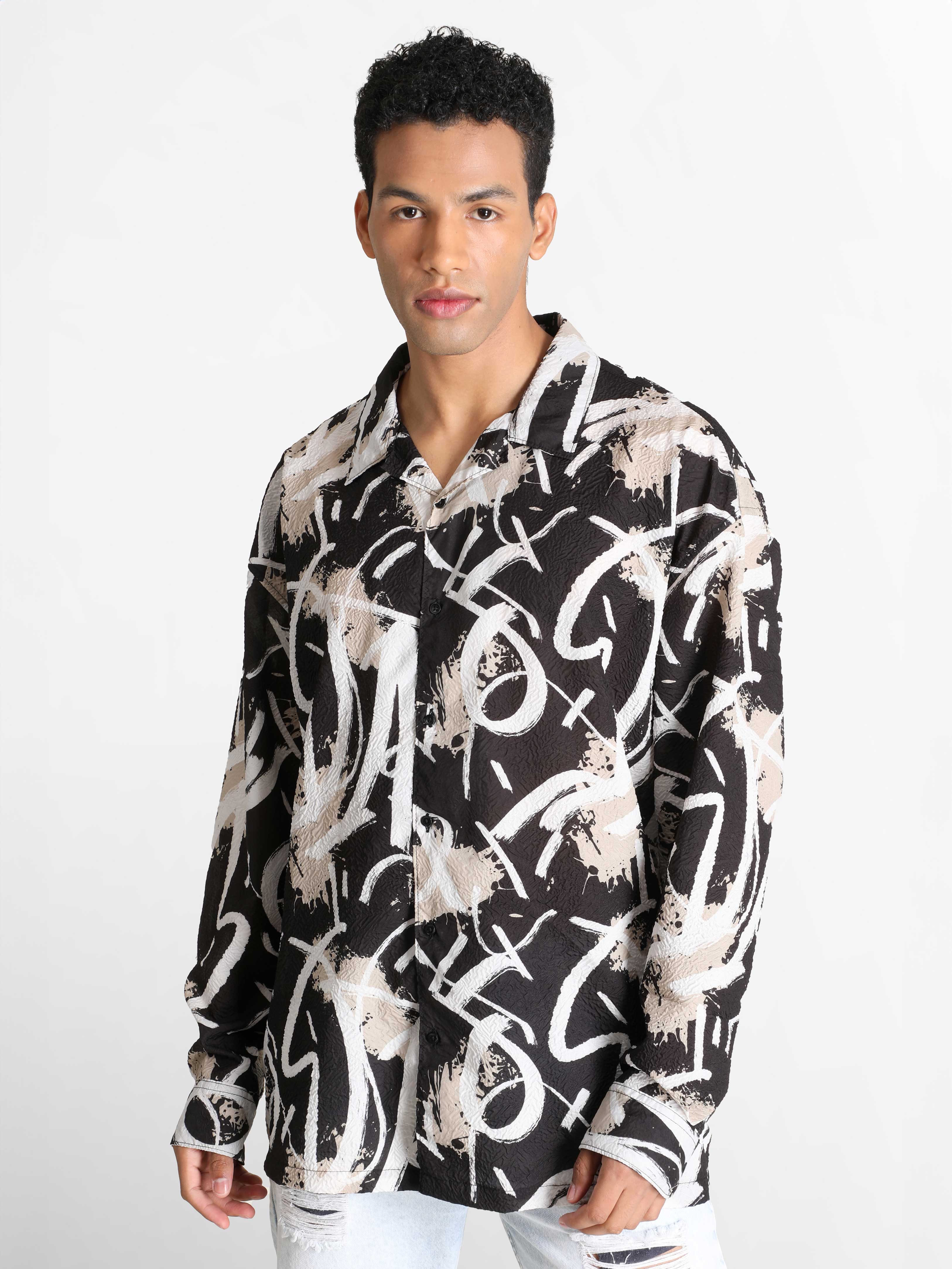 Gender-Fluid Brown/Cream Printed Oversized Shirt