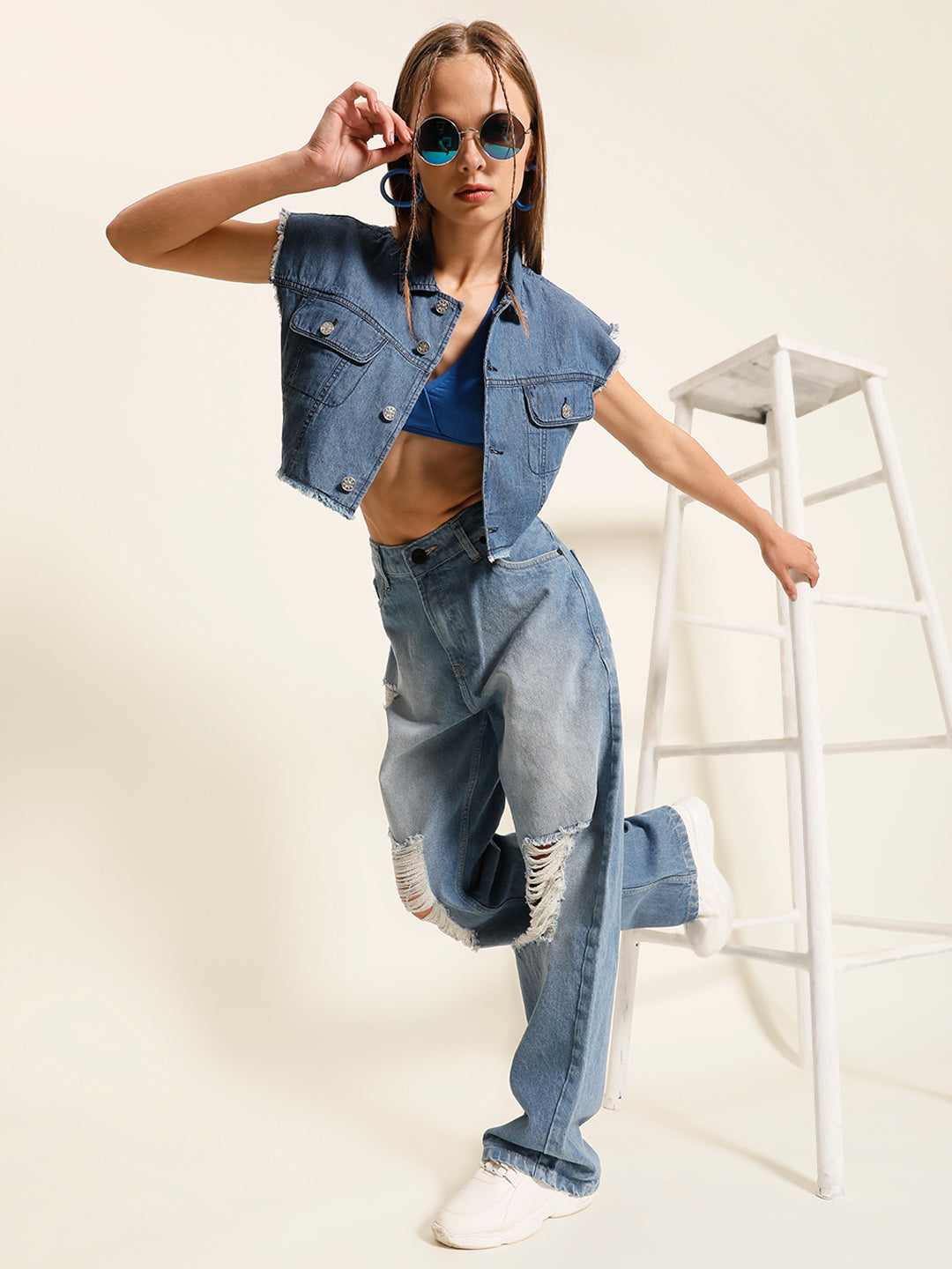 Women Blue Boxy Fit Solid Cropped Shirt