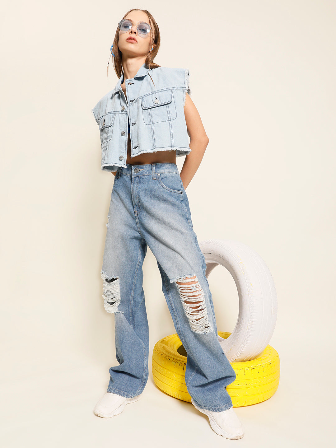 Women Light Blue Boxy Fit Solid Cropped Shirt