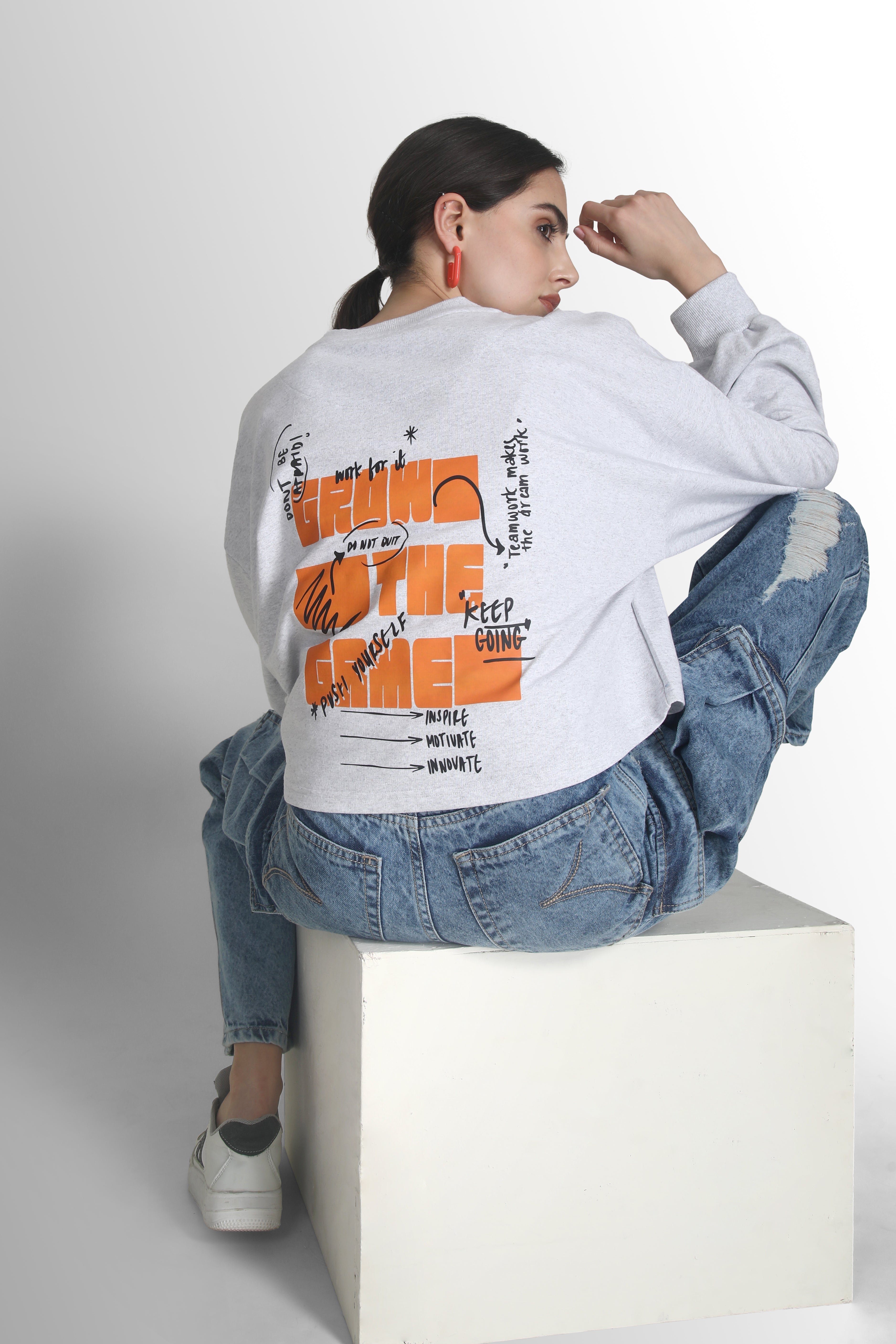 Women White Melange Oversize Fit Sweatshirts