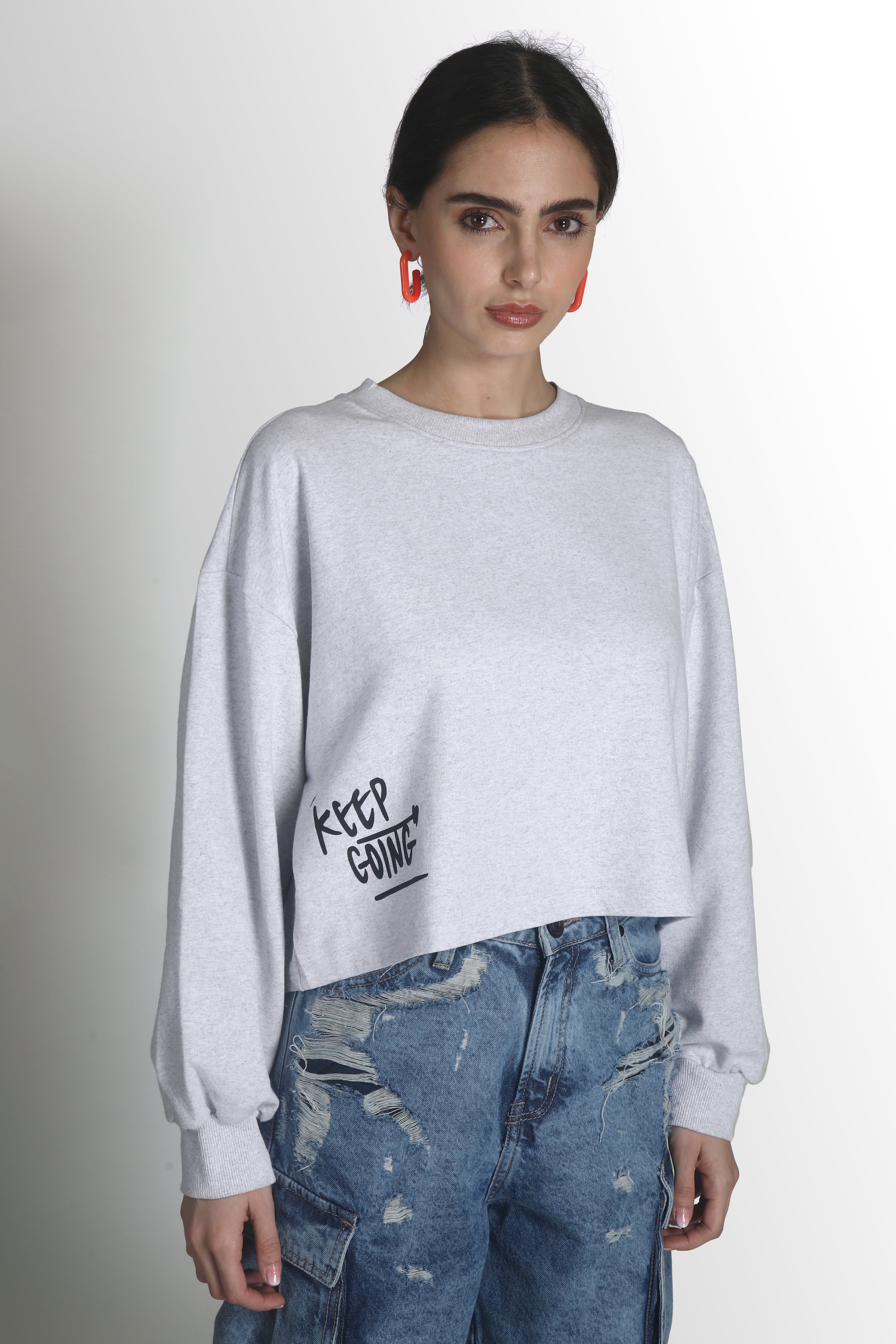 Women White Melange Oversize Fit Sweatshirts