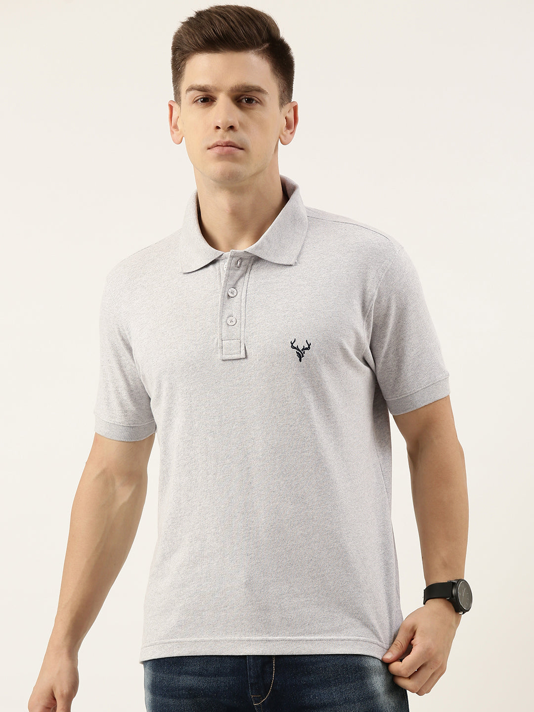 Men Grey/Eden Green Regular Fit Solid T-Shirt