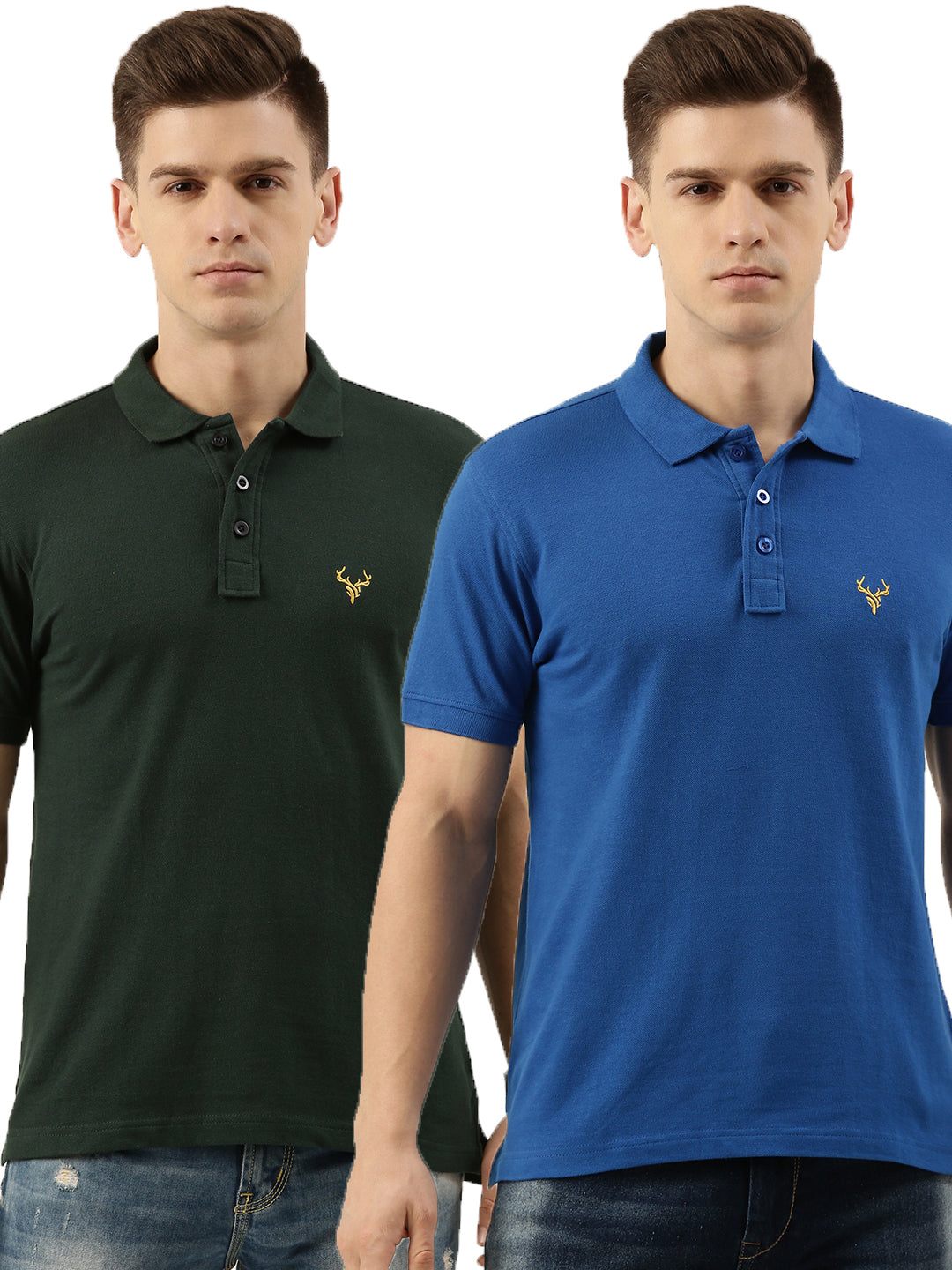 Men Eden Green & Estate Blue Regular Fit Solid Polo T-Shirt (PO2)