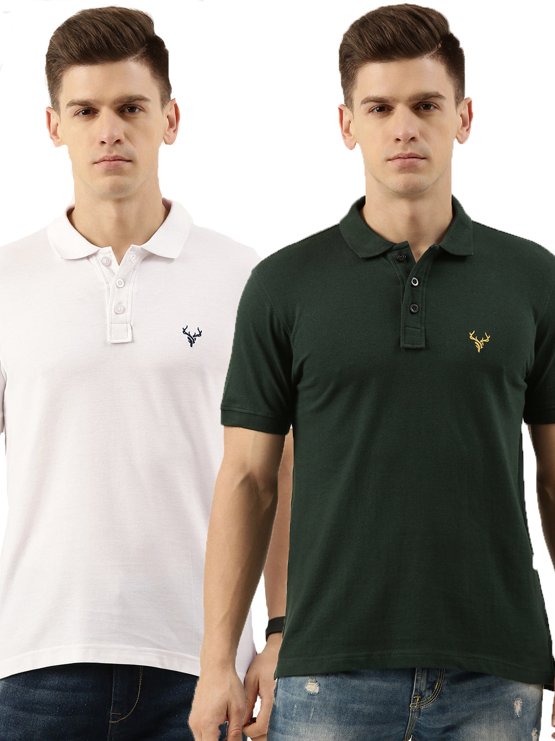 Men White & Eden Green Regular Fit Solid Polo T-Shirt (PO2)