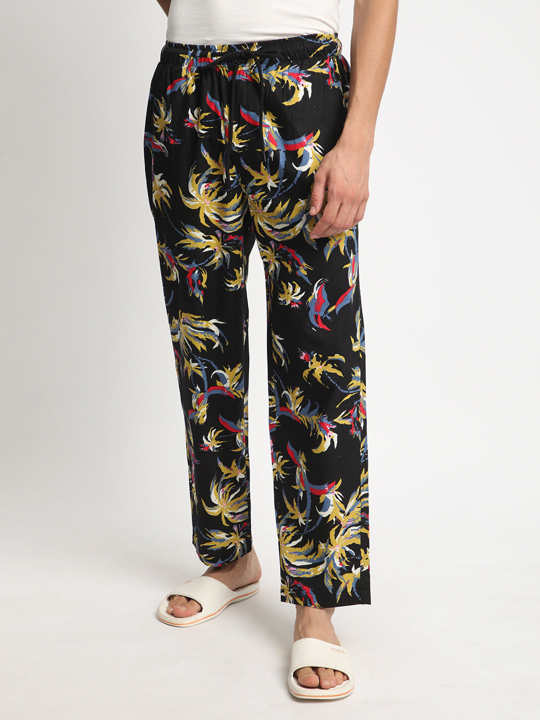 Men Black/Mustard Mid-Rise Pure Cotton Printed Lounge Pants