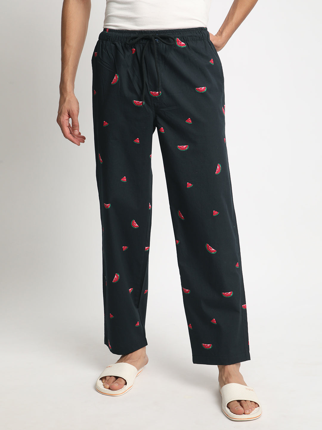 Men Black Mid-Rise Pure Cotton Printed Lounge Pants