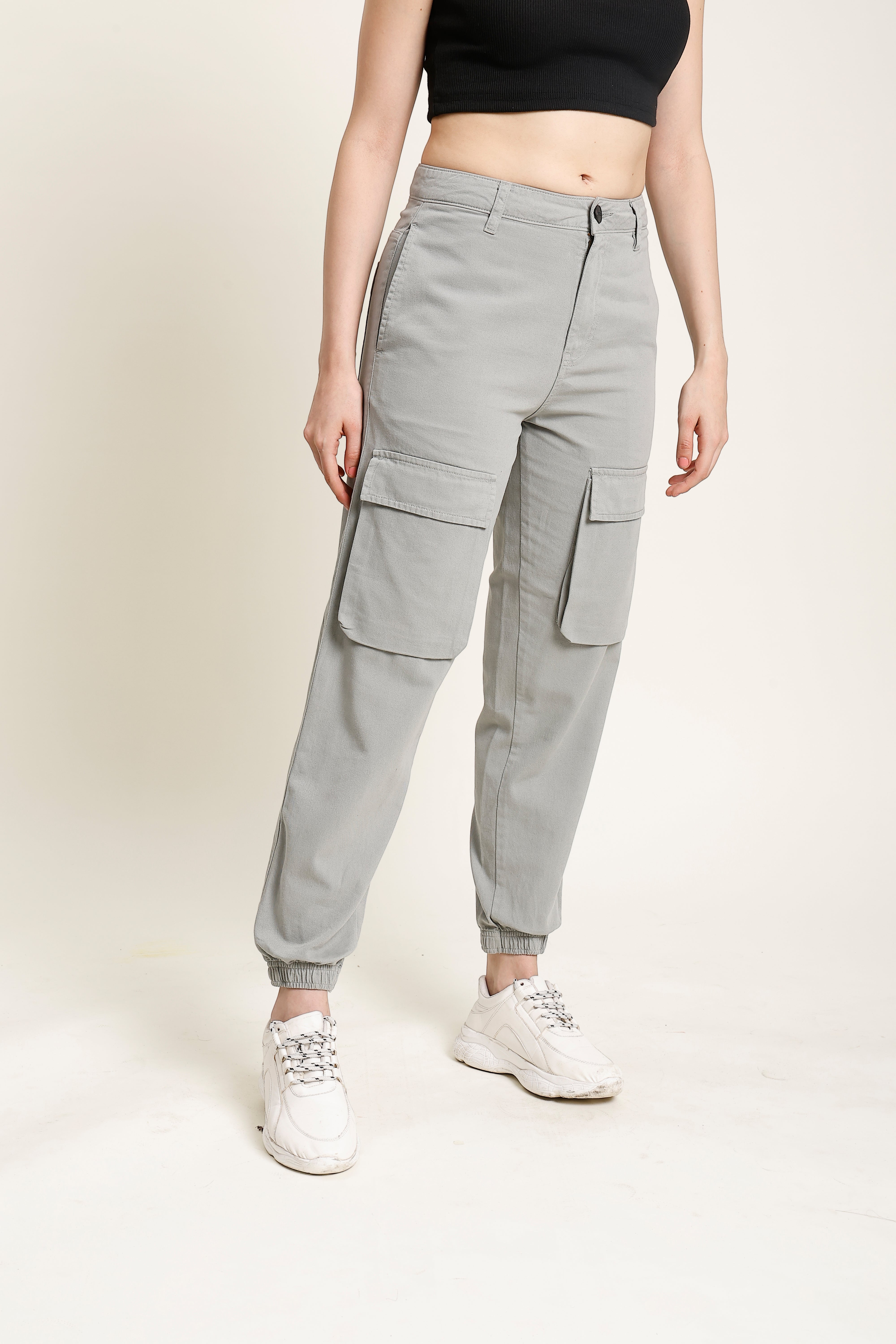 Women's Regular Fit Neutral Grey Mid Rise Cargo Trousers