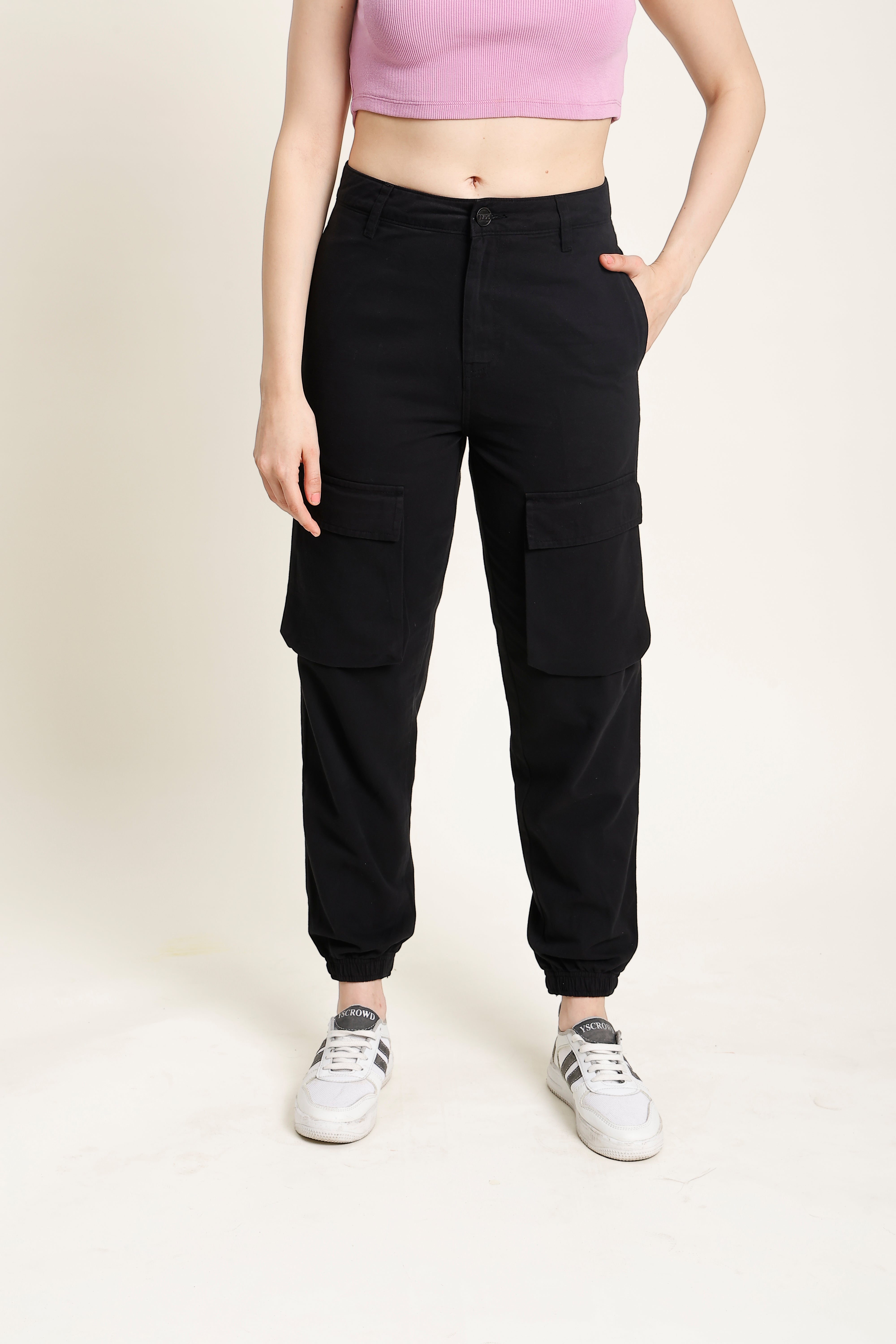 Women's Regular Fit Black Mid-Rise Cargo Trouser with 6 Pockets