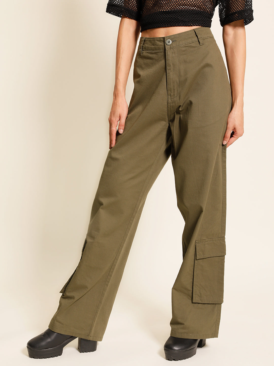 Women Olive Straight Fit Solid Cargo Trouser