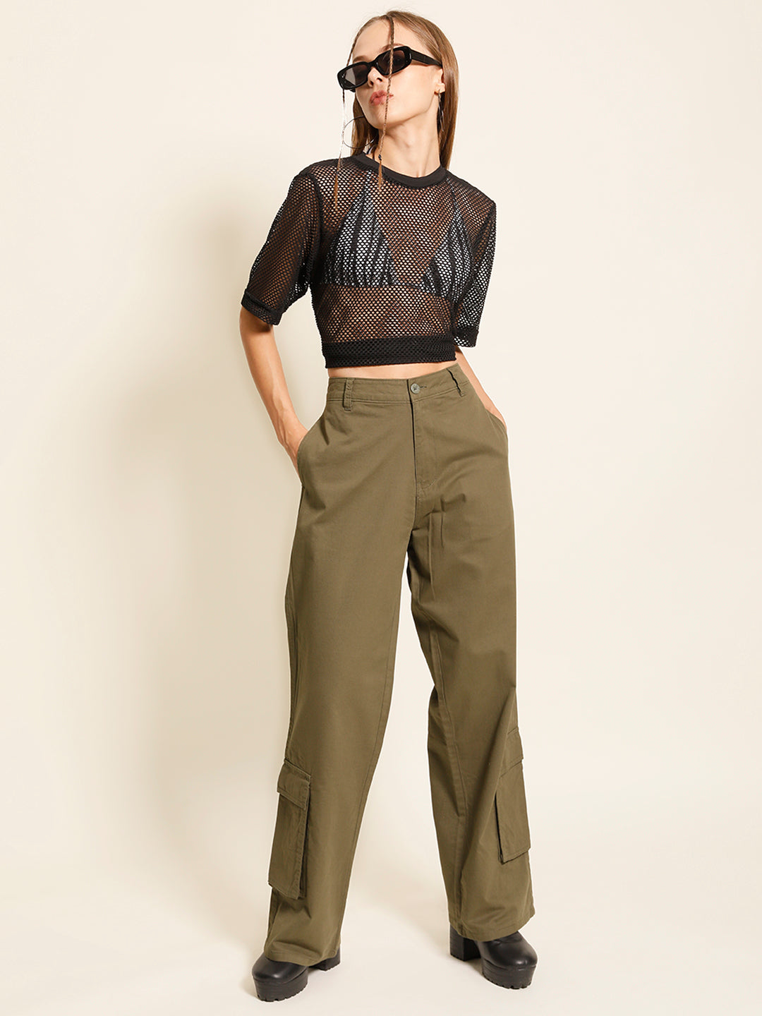 Women Olive Straight Fit Solid Cargo Trouser