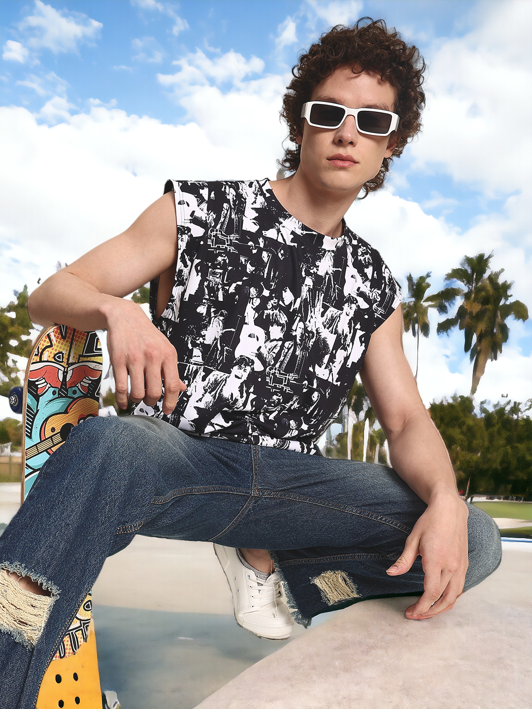 Men White/Black Oversized Printed Battle Vest T-Shirt