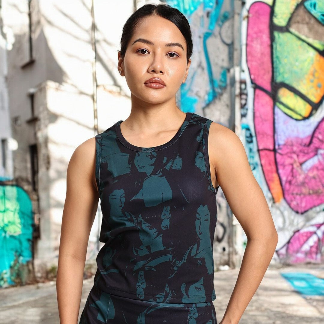 Women Black/ Green Skinny Fit Printed Bae Tank Top