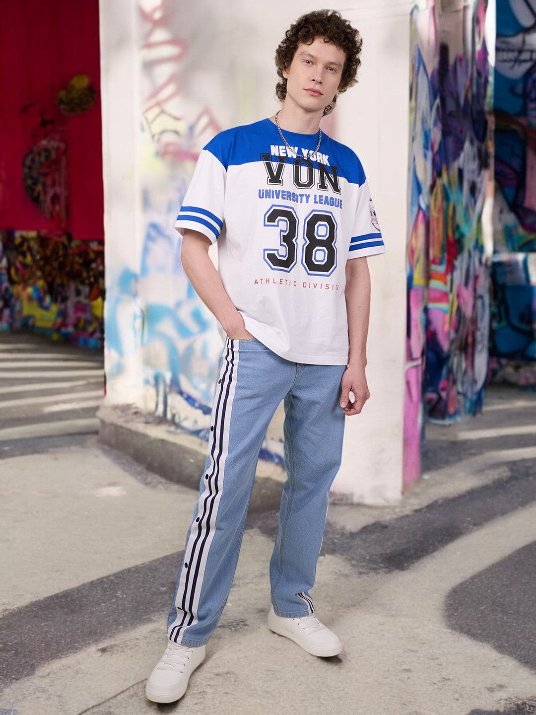 Men White/Blue Oversized Varsity Hd Printed T-Shirt