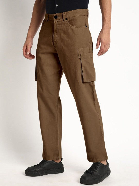 Men-Pure-Cotton-Solid-Straight-Fit-Cargo-Trousers