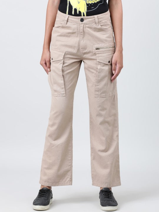 Women Ivory Beige Straight Fit Solid Cargo Trousers with Zipper Detail