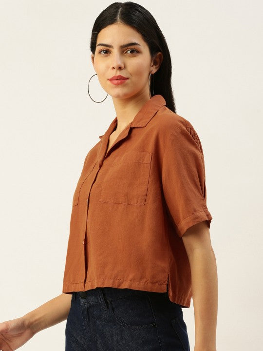 Women Rust Orange Boxy Fit Solid Casual Shirt