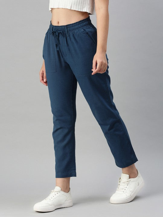 Women Blue Regular Fit Solid Casual Trousers