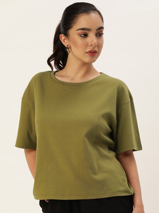 Women Green Olive Solid Loose Fit T-Shirt