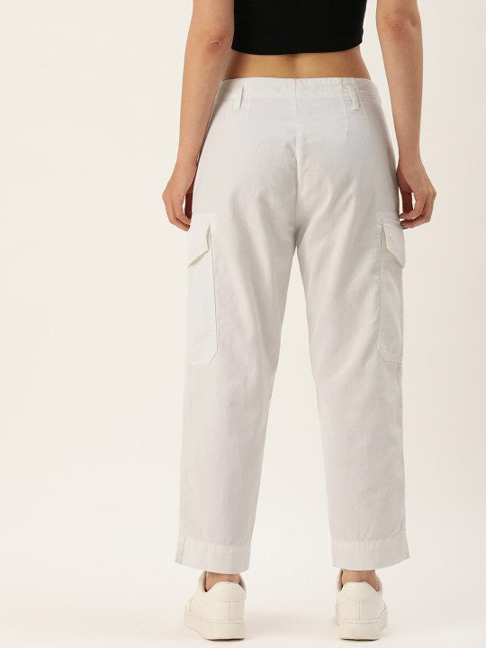 Women White Regular Fit Solid Cargo Trousers