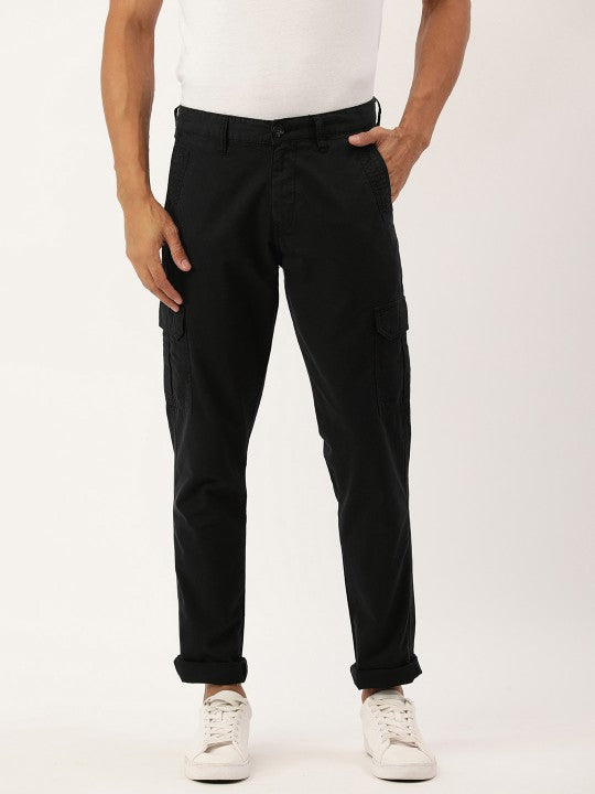 Men Black Slim Fit Solid Cargo Trouser