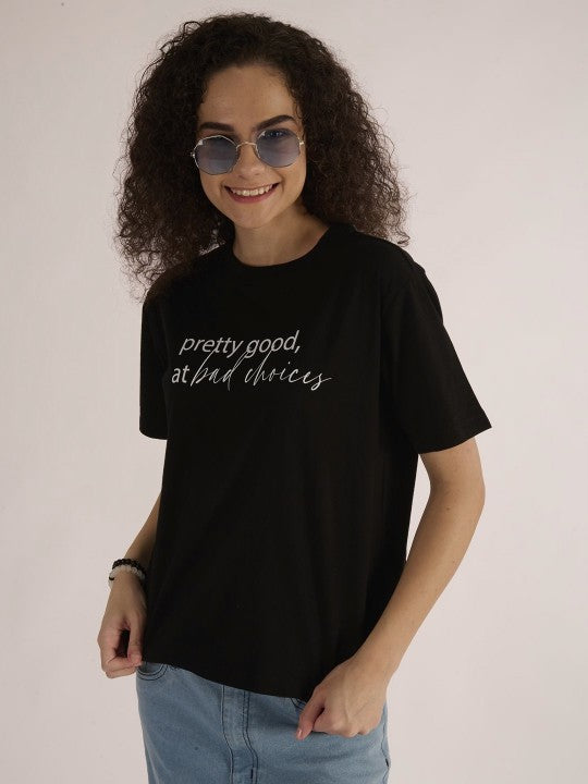 Women's 100% Cotton Black Typography Printed Round Neck T-Shirts