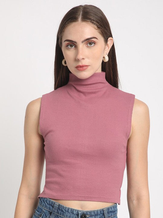 Women Burgundy Skinny Fit Solid Ribbed Crop Top with Back Detailing