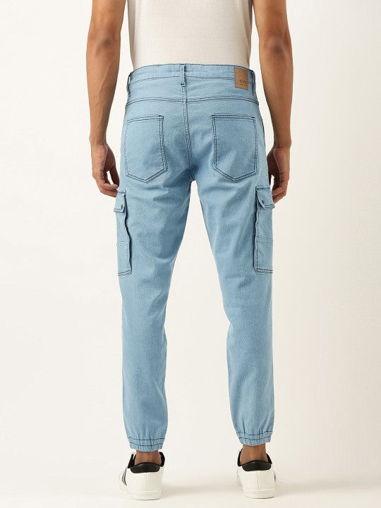 Men Light Blue Regular Fit Solid Cargo Jogger Jeans