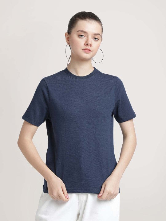 Women Navy Slim Fit Solid Sustainable T-Shirt