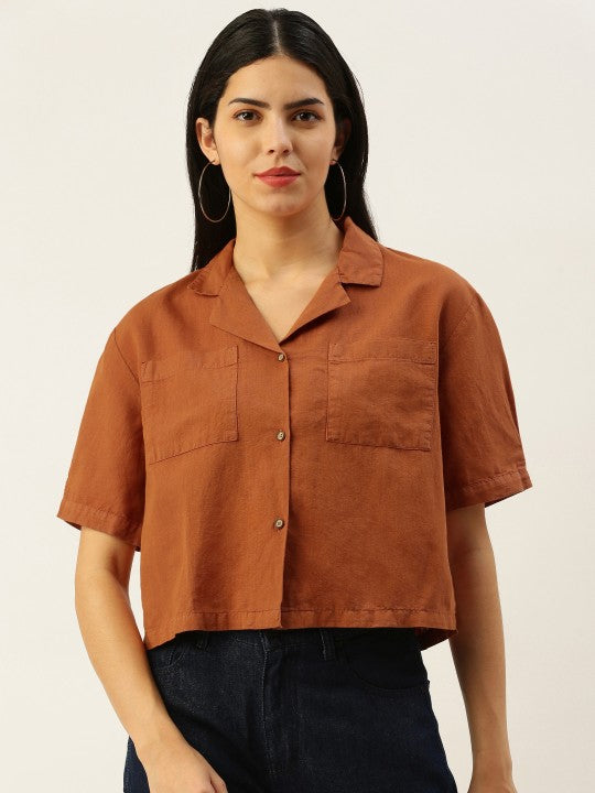 Women Rust Orange Boxy Fit Solid Casual Shirt