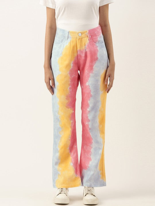 Women Yellow/Pink Boot-Cut Fit Tie and Dye Casual Trousers