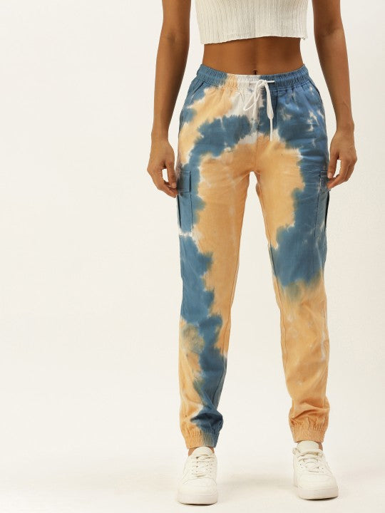 Women Yellow/Blue Tie and Dye Regular Fit Solid Cargo Joggers