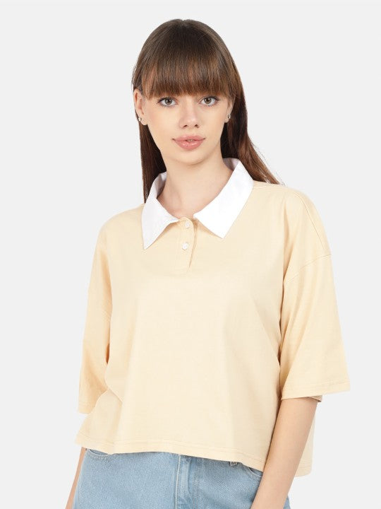 Women Beige Solid Cropped Polo T-Shirt with Contrast Collar