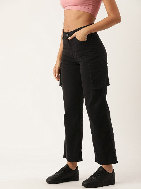 Women Black Overdyed Straight Fit Solid Cargo Trousers